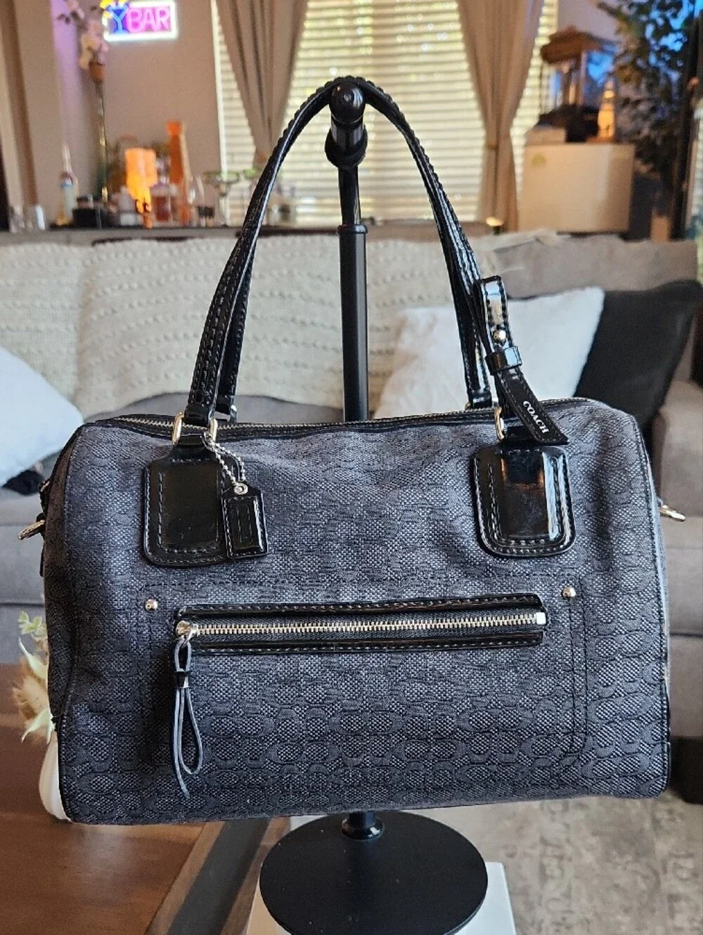 Coach Poppy Signature C Mini Oxford Satchel in dark grey and black